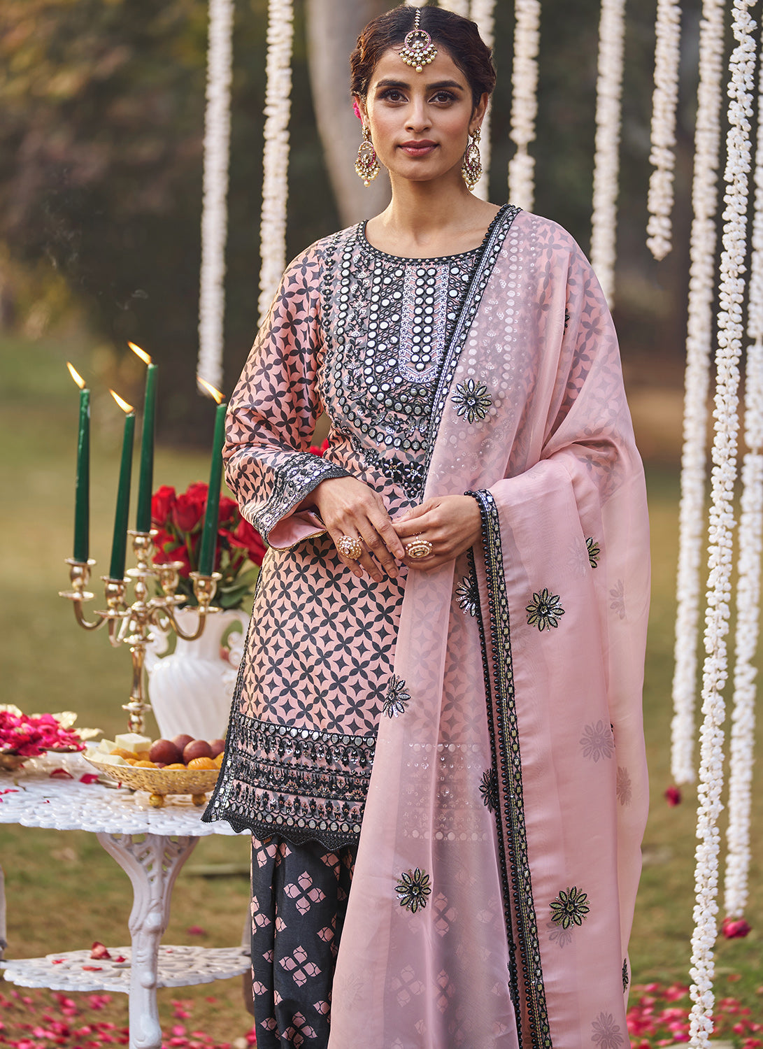 Pink and Black Embroidered Patiala Suit