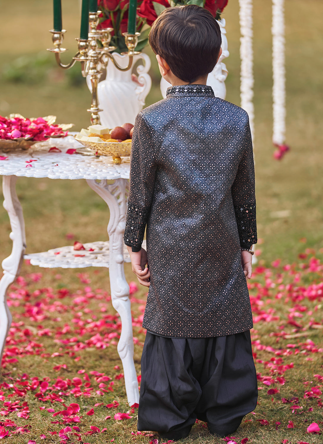 Kids Black and Pink Embroidered Sherwani Set