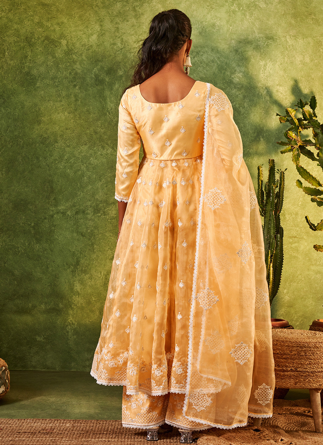 Yellow Embroidered Organza Anarkali