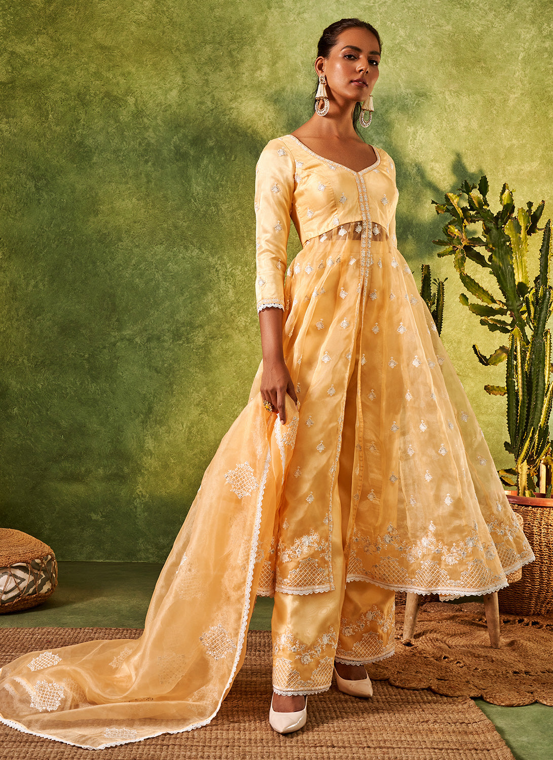 Yellow Embroidered Organza Anarkali