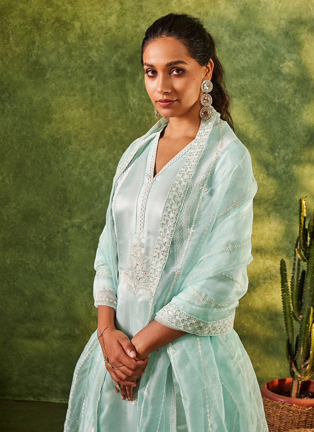 Light Turquoise Embroidered Straight Suit
