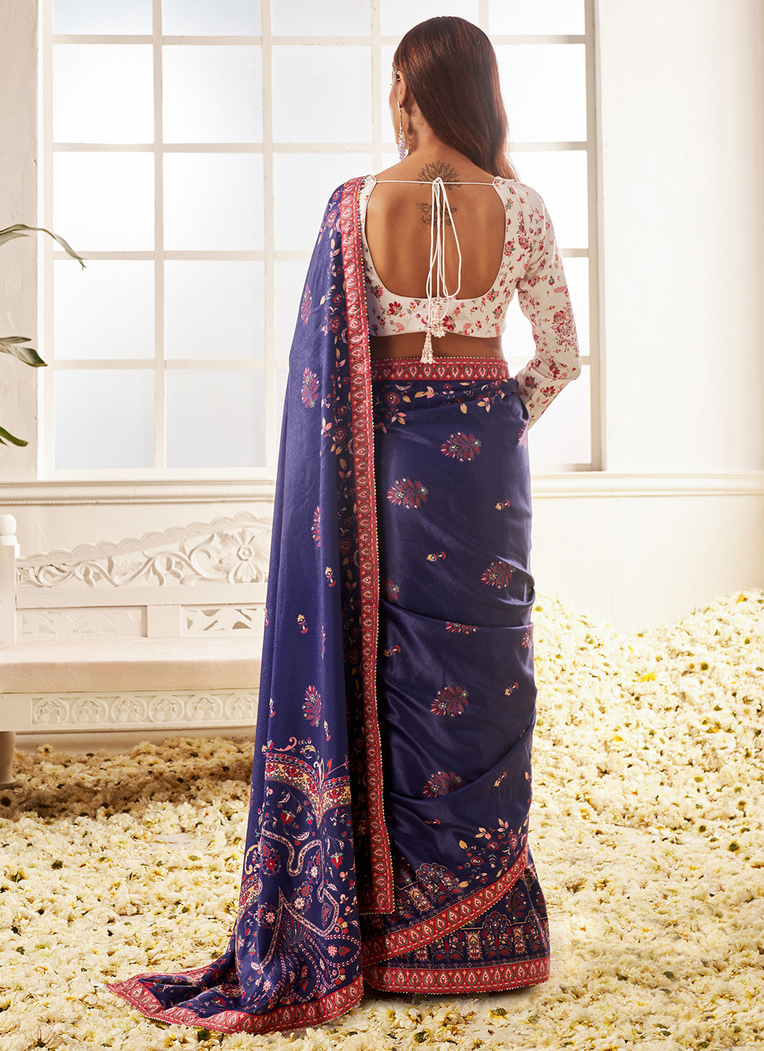 White and Blue Floral Printed Saree