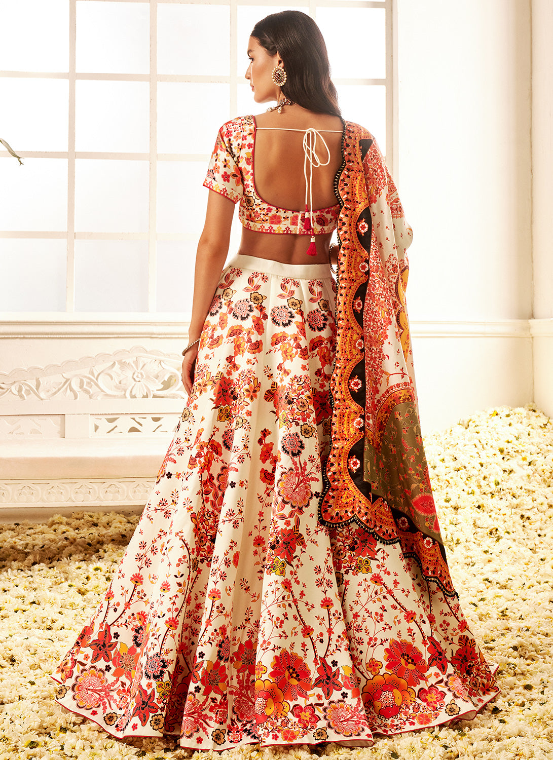 Orange Multicolor Floral Printed Lehenga