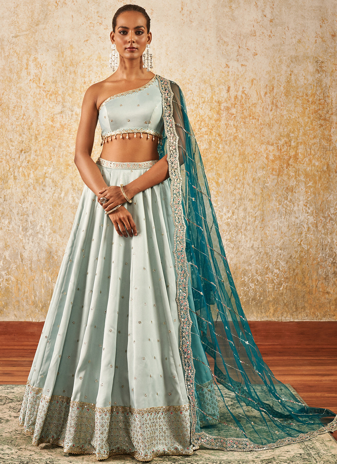 Light Turquoise One Shoulder Style Lehenga