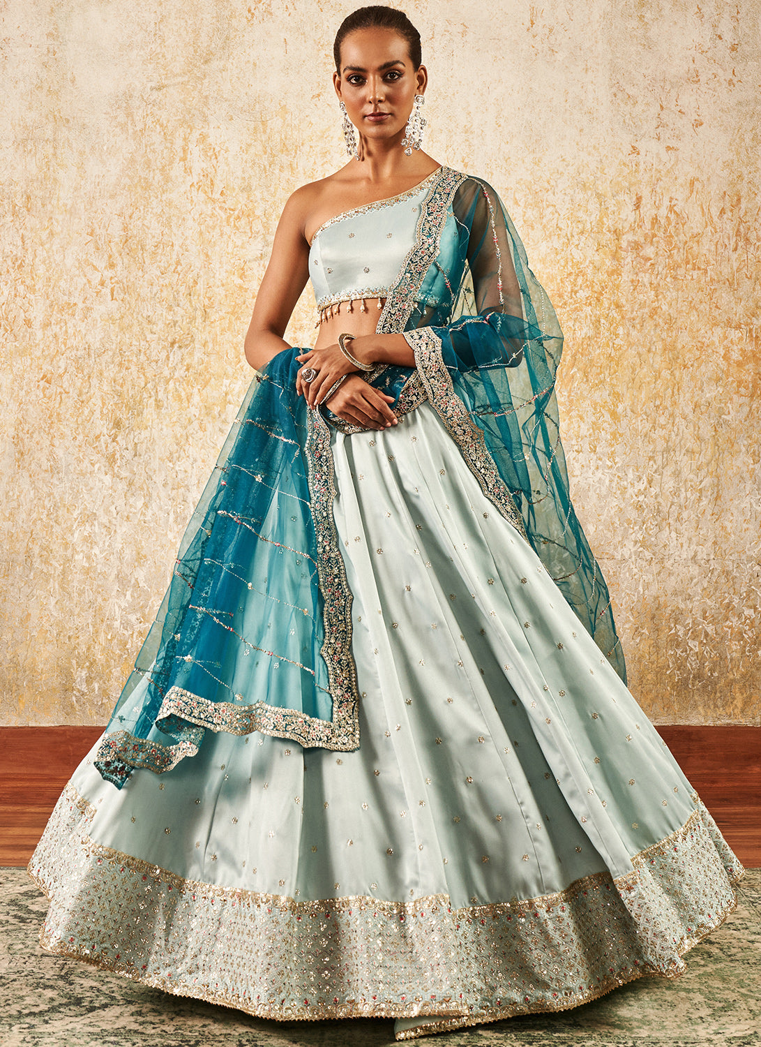 Light Turquoise One Shoulder Style Lehenga