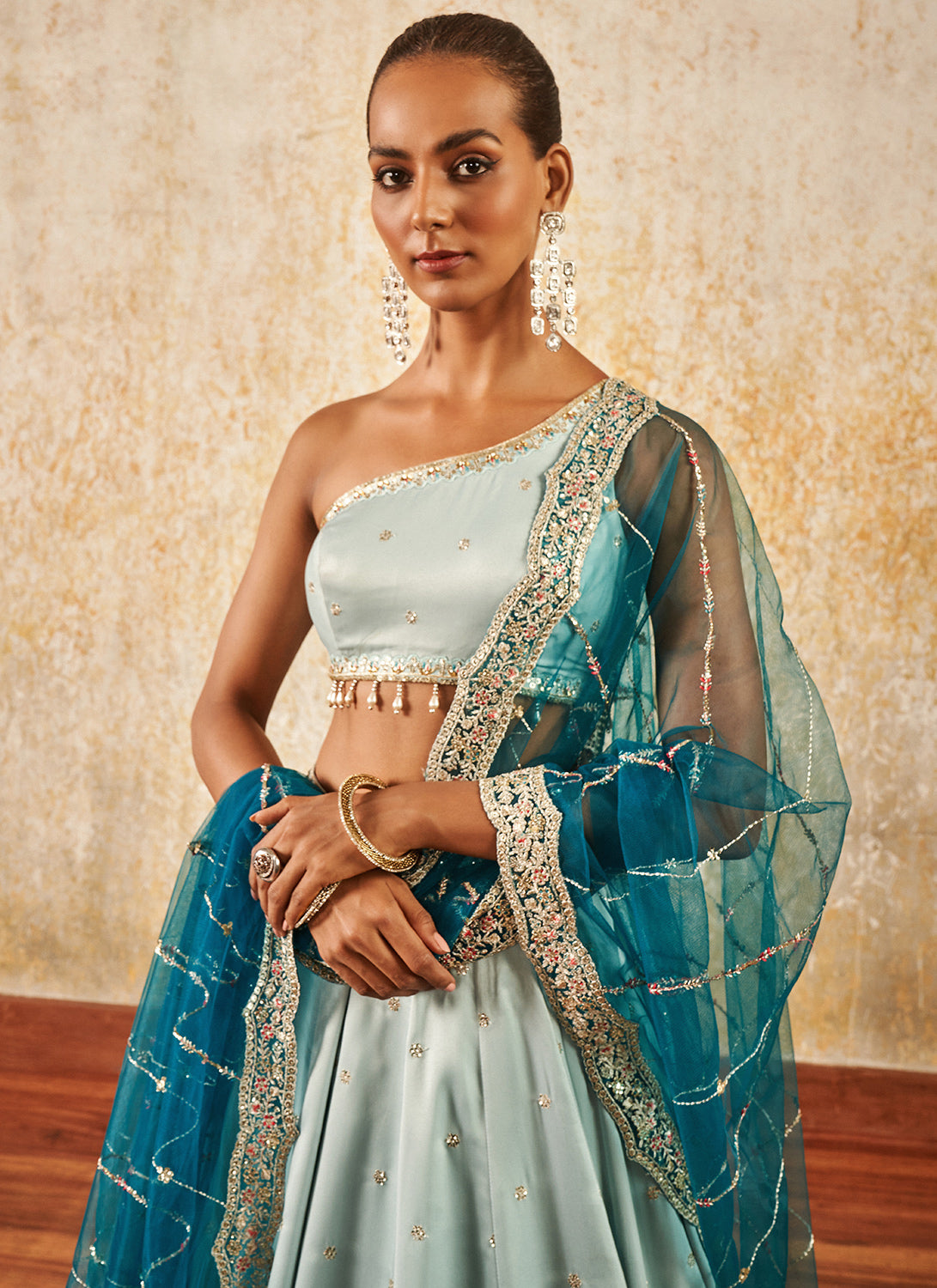 Light Turquoise One Shoulder Style Lehenga