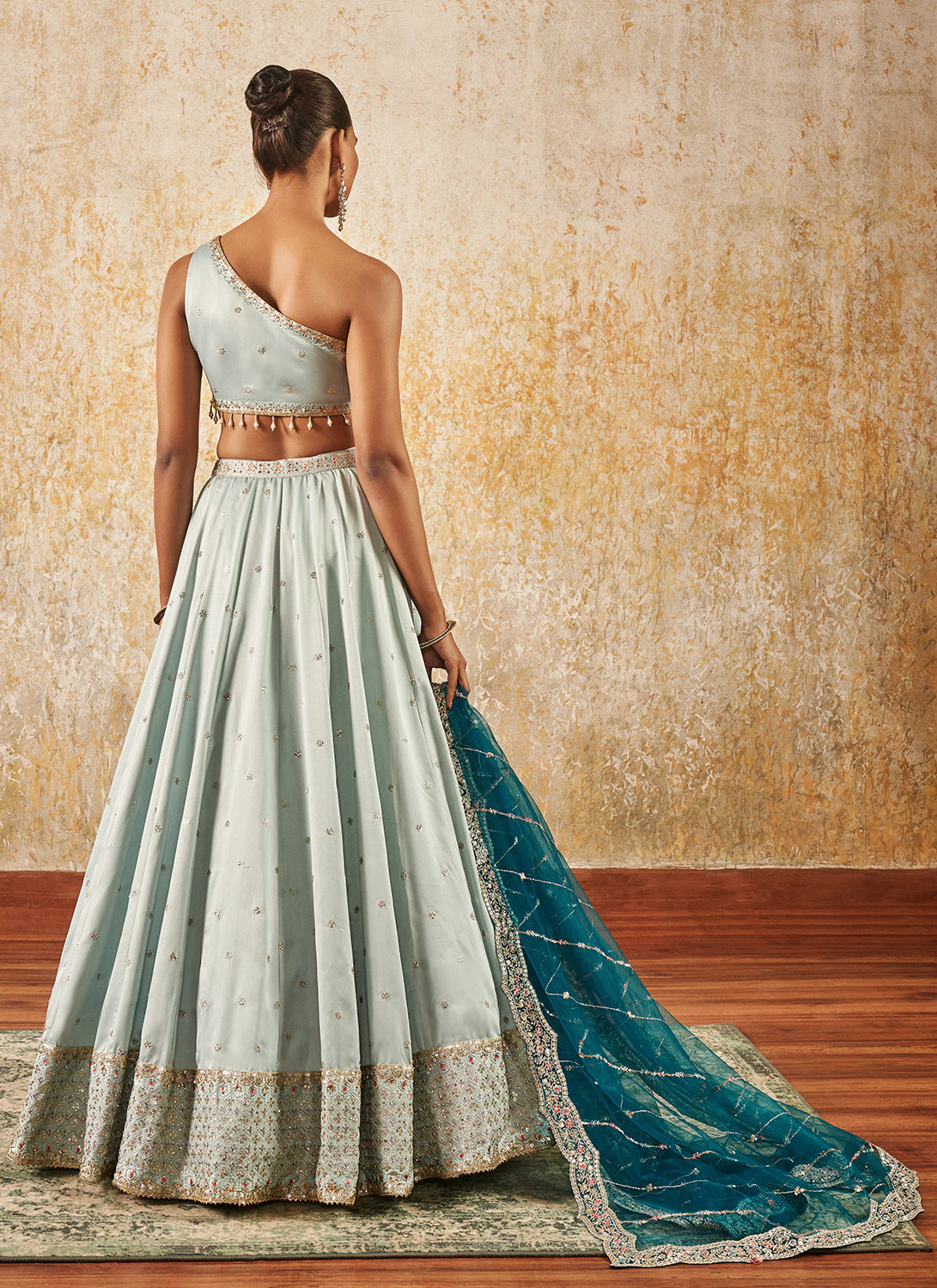 Light Turquoise One Shoulder Style Lehenga