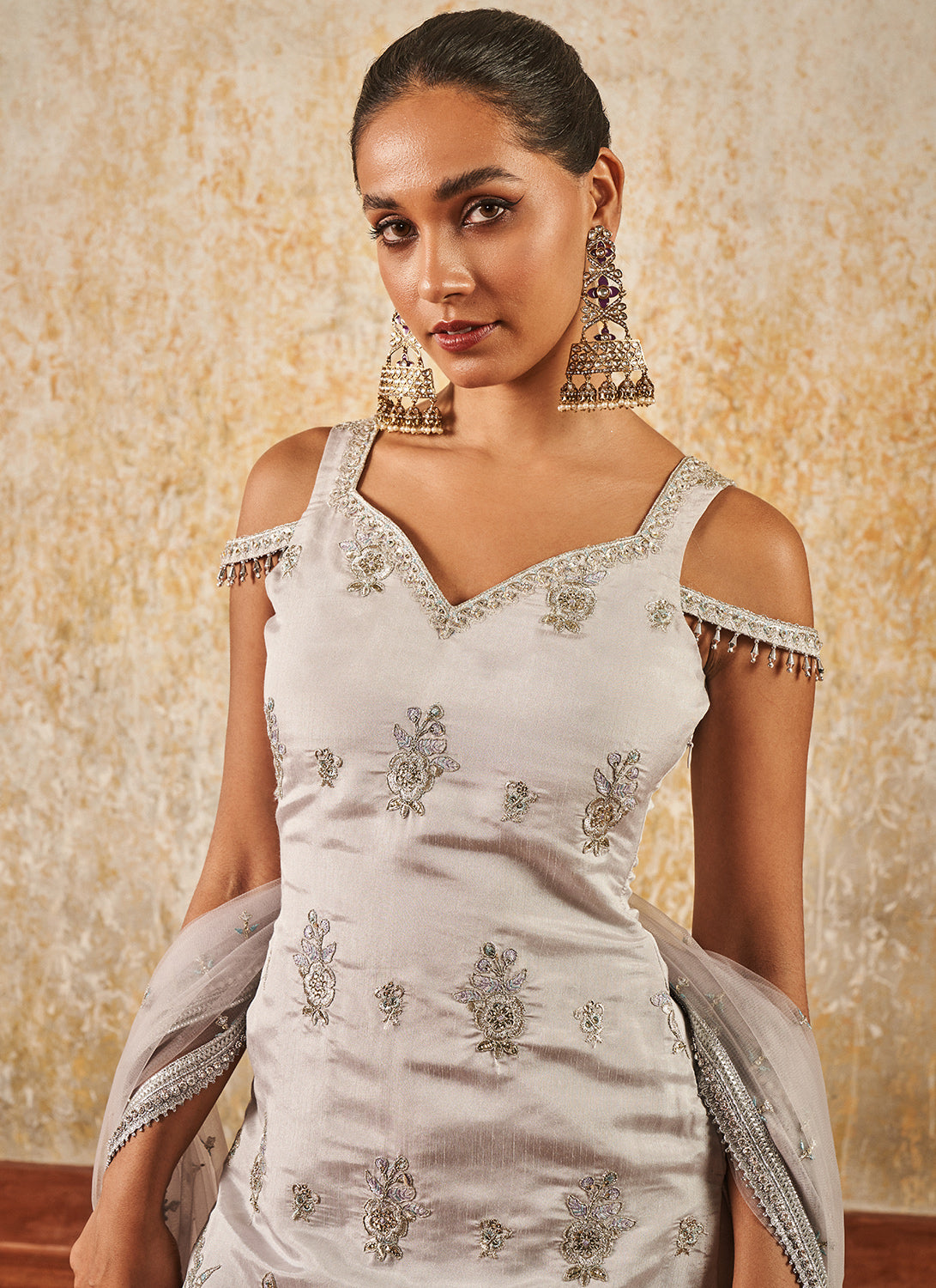Light Grey Embroidered Sharara Suit