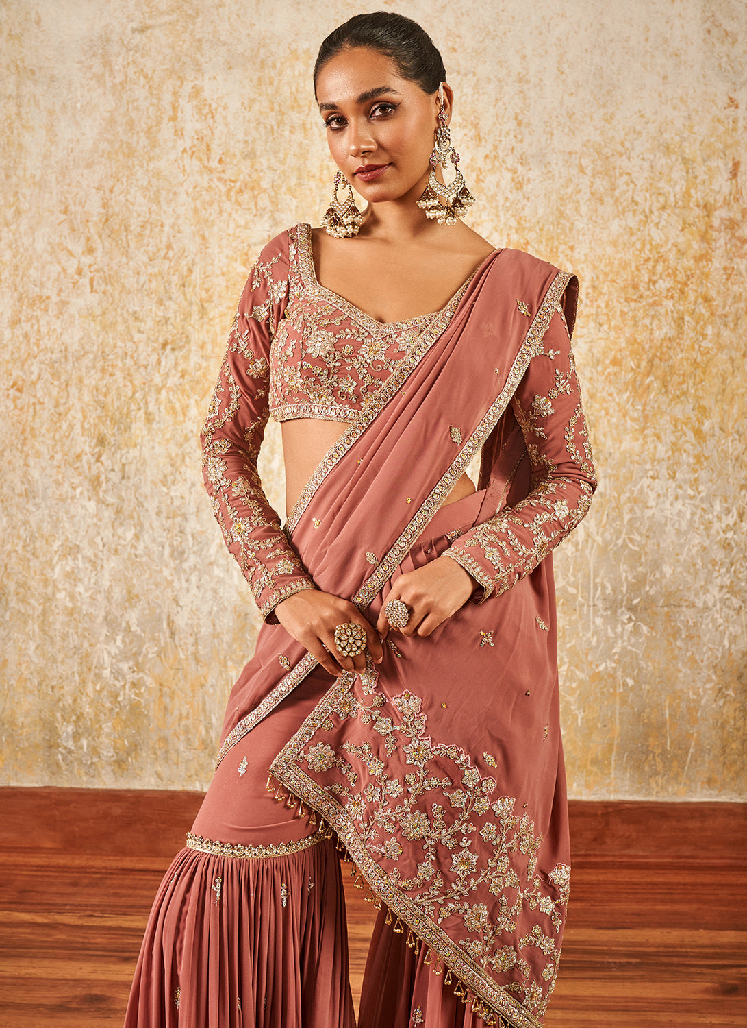 Dusty Rose Embroidered Gharara Style Saree
