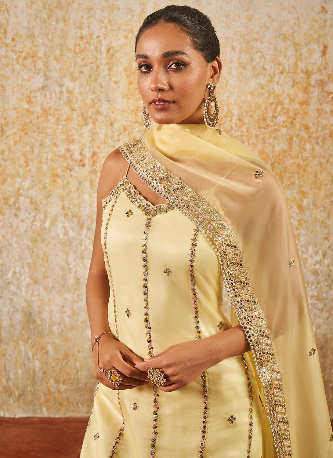 Soft Yellow Embroidered Straight Suit