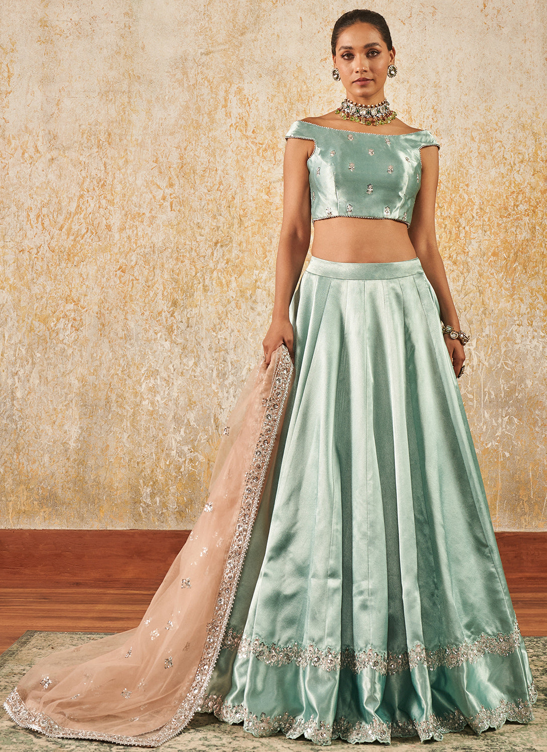 Light Teal Embroidered Lehenga