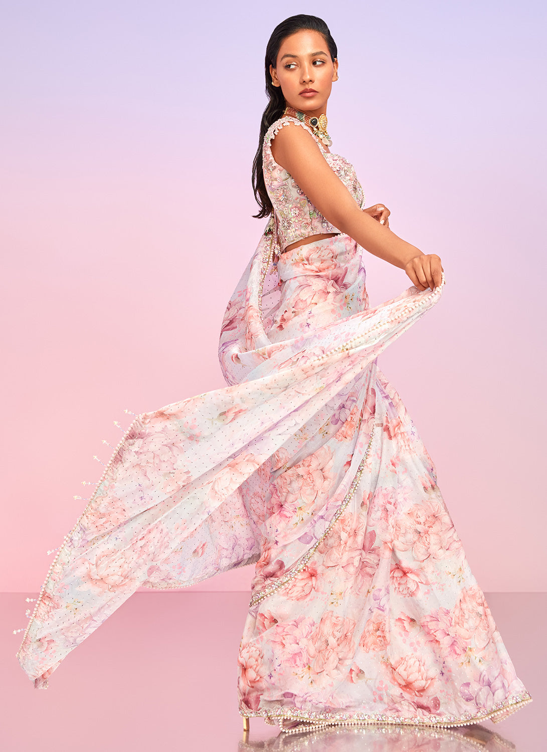 Light Pink Floral Embellished Saree