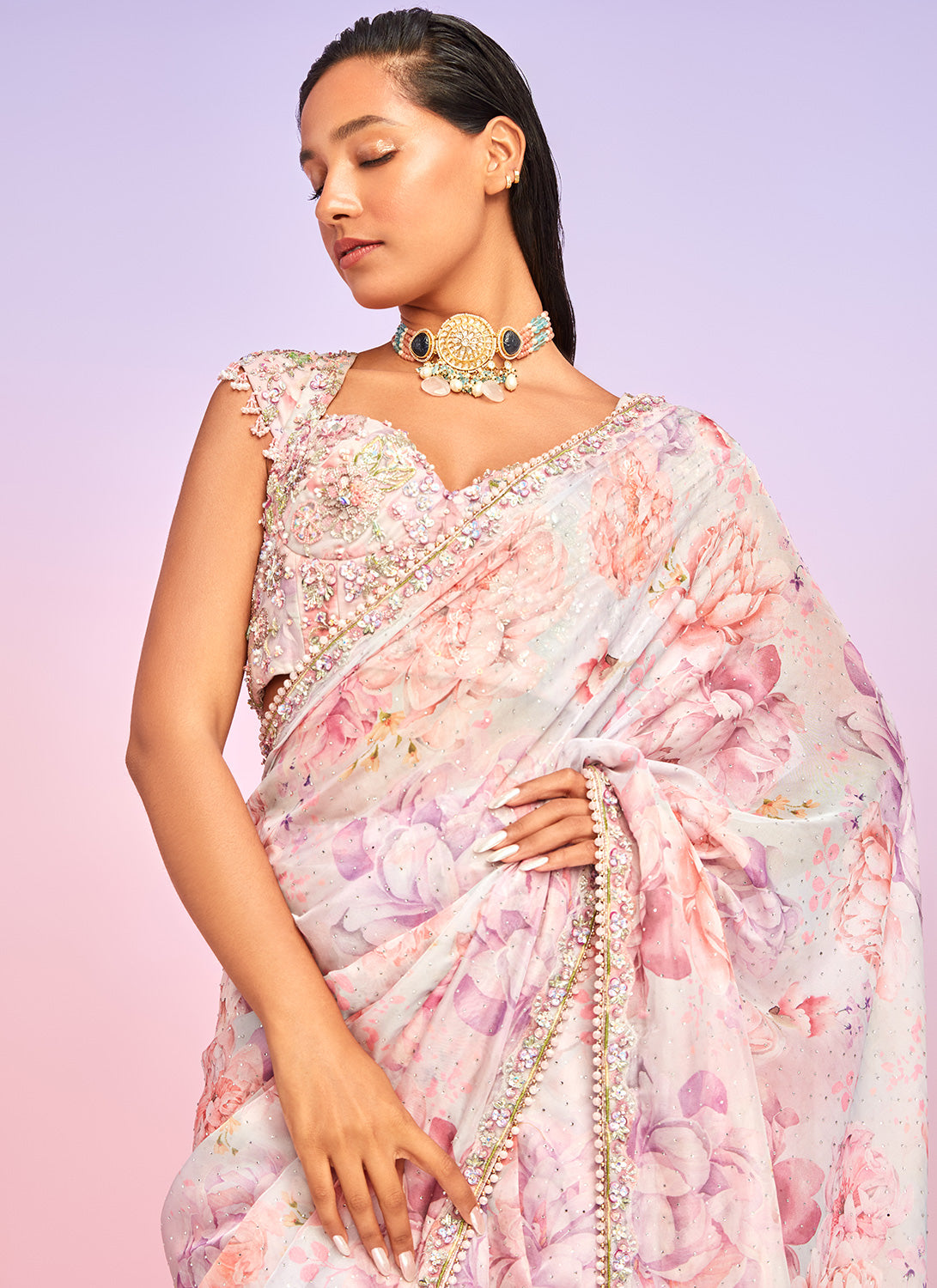 Light Pink Floral Embellished Saree