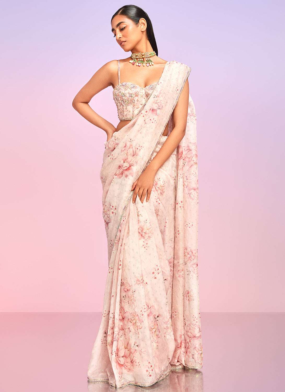 Soft Pink Floral Embellished Saree