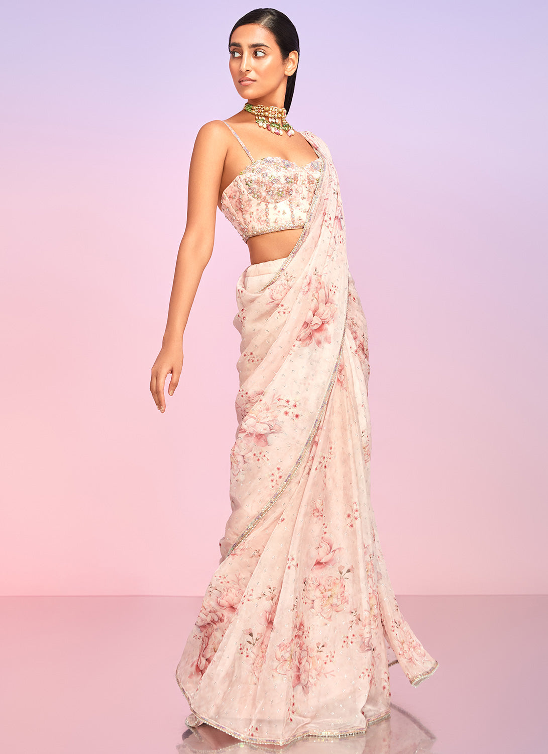 Soft Pink Floral Embellished Saree