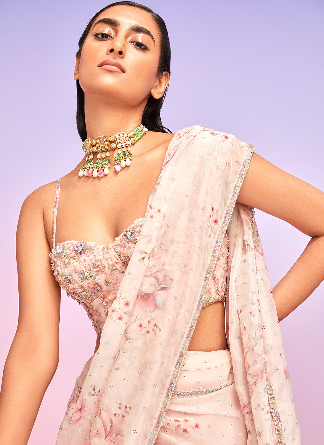 Soft Pink Floral Embellished Saree