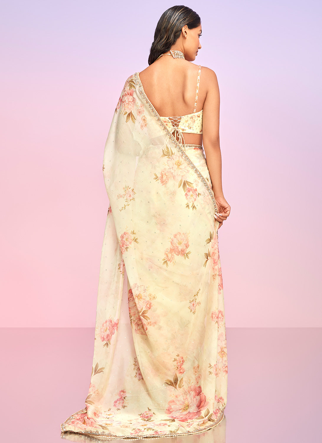 Soft Yellow Floral Embellished Saree