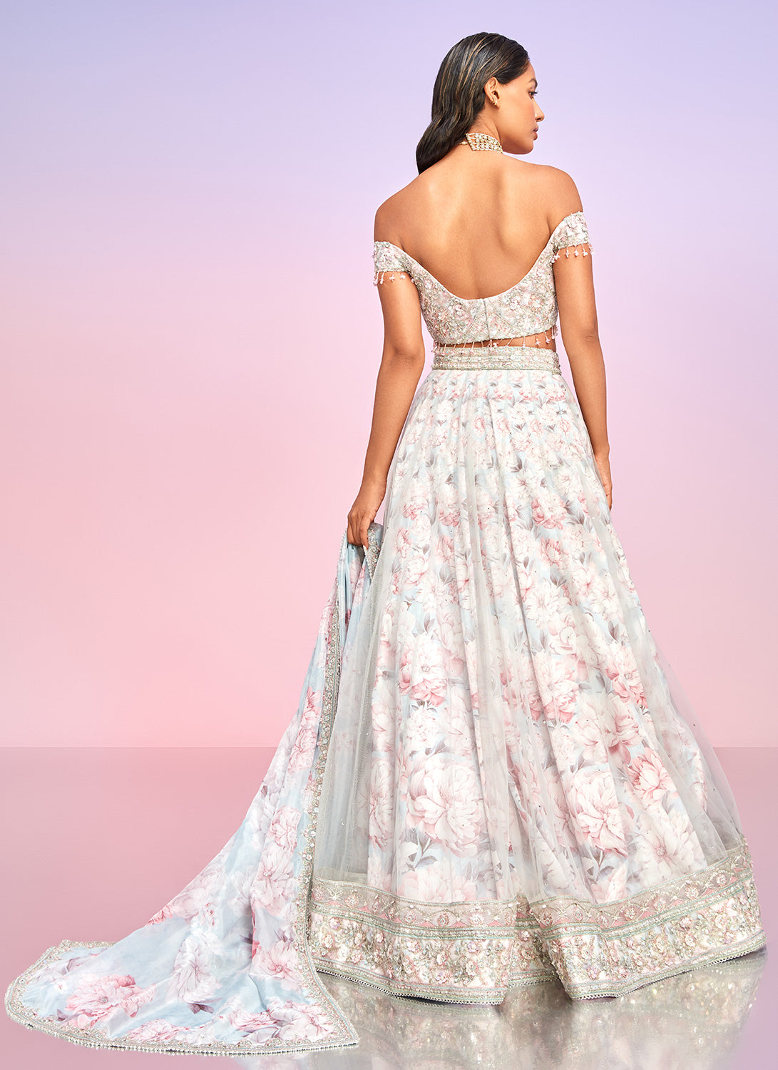 Dusty Blue and Pink Floral Embellished Lehenga