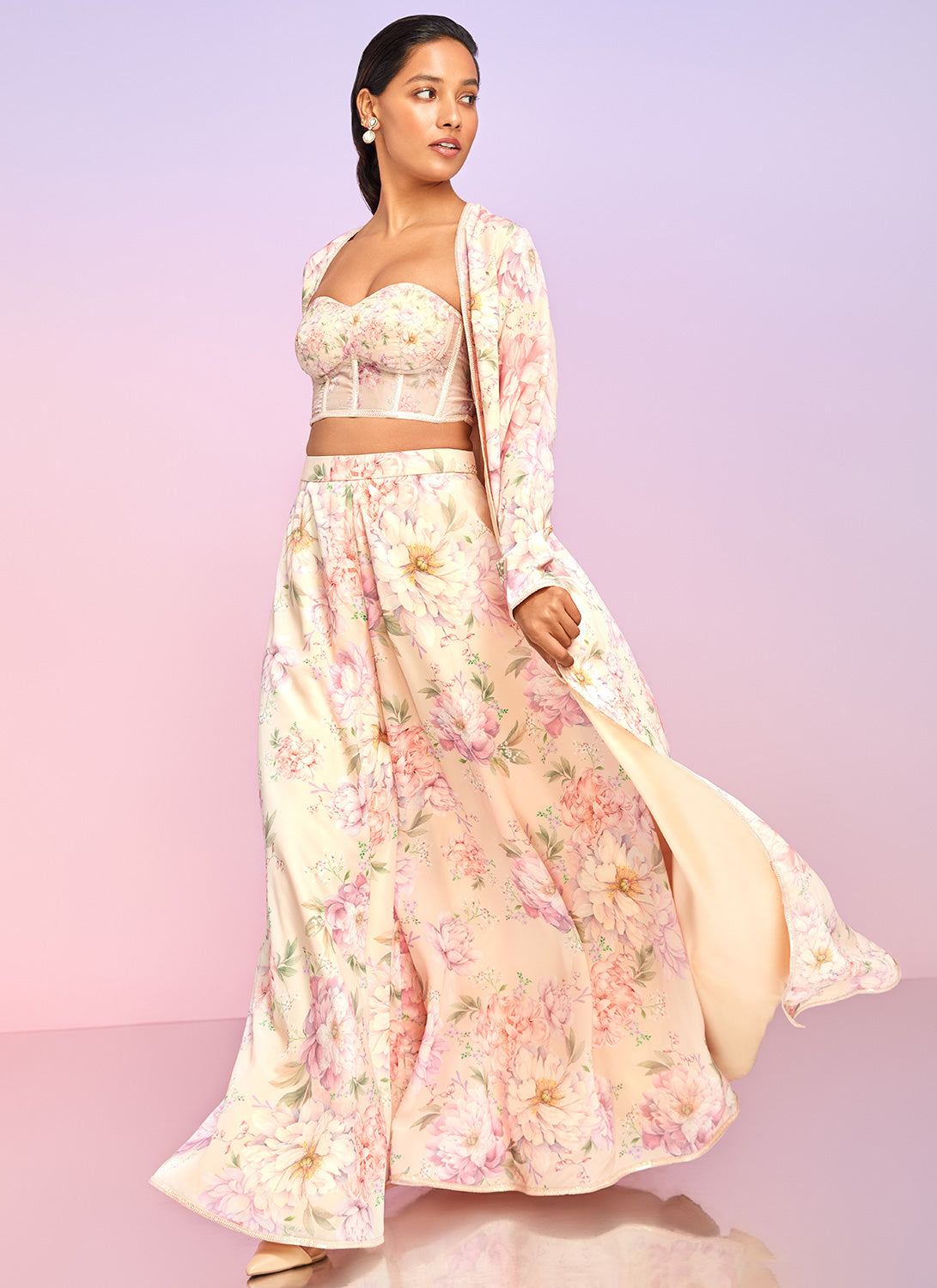 Light Peach Floral Embellished Crop Jacket Set