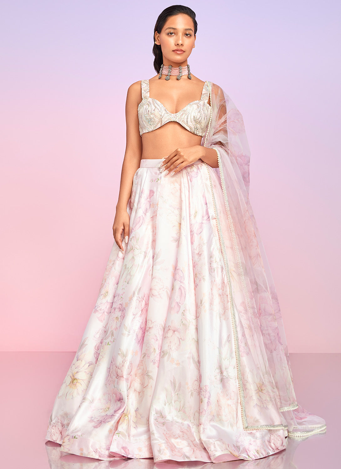 Light Pink Multicolor Floral Embellished Lehenga