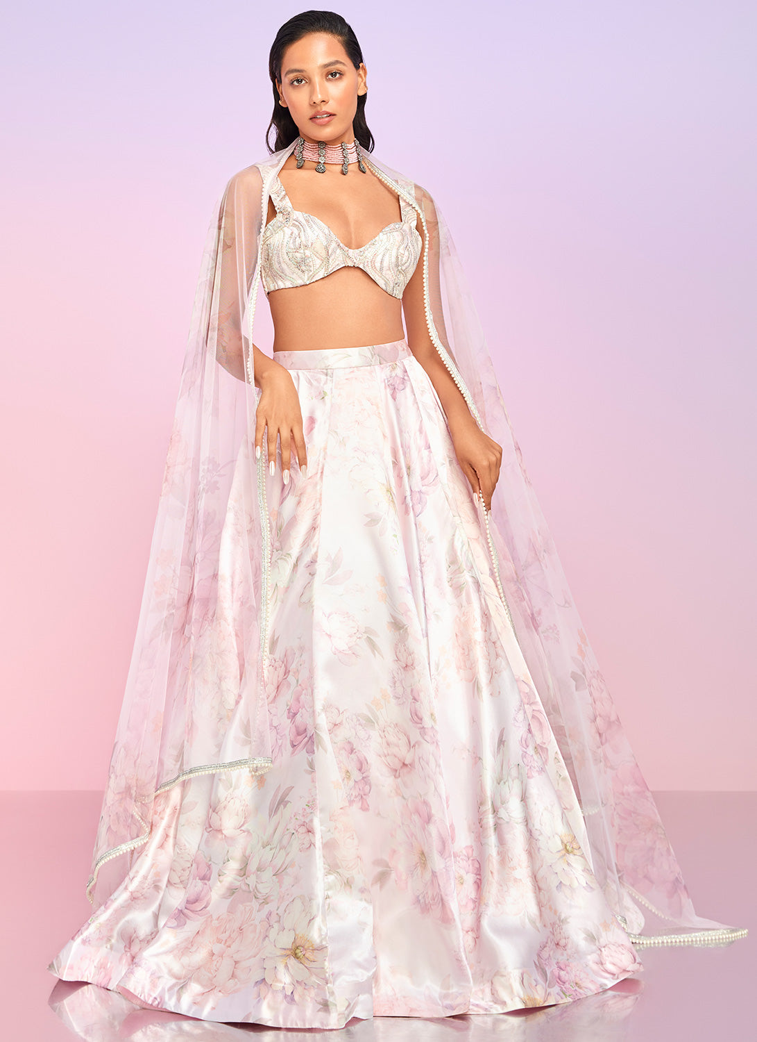 Light Pink Multicolor Floral Embellished Lehenga