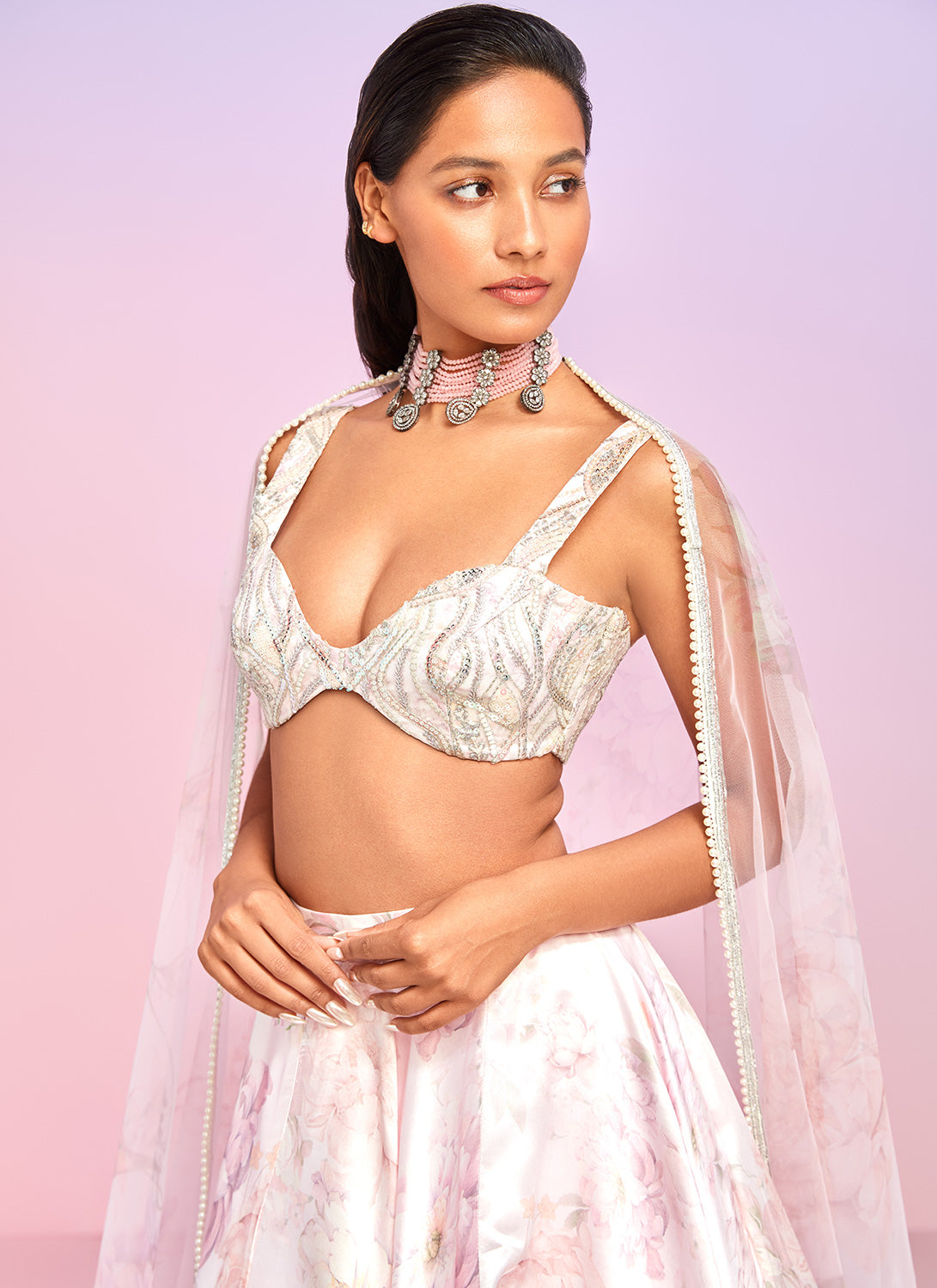Light Pink Multicolor Floral Embellished Lehenga
