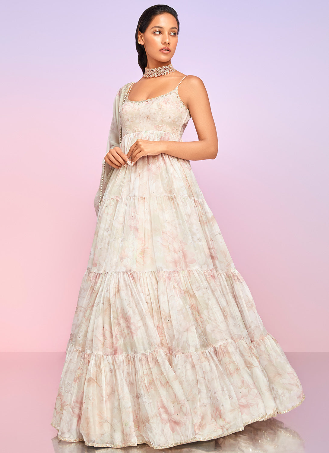 Beige Floral Embellished Anarkali