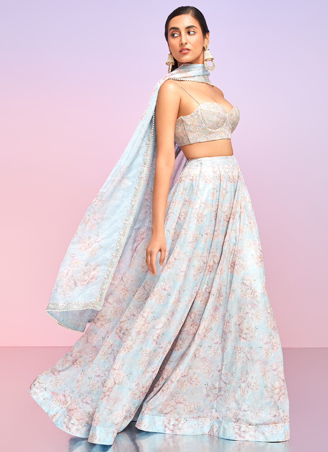 Dusty Blue Embellished Crop Sharara Suit