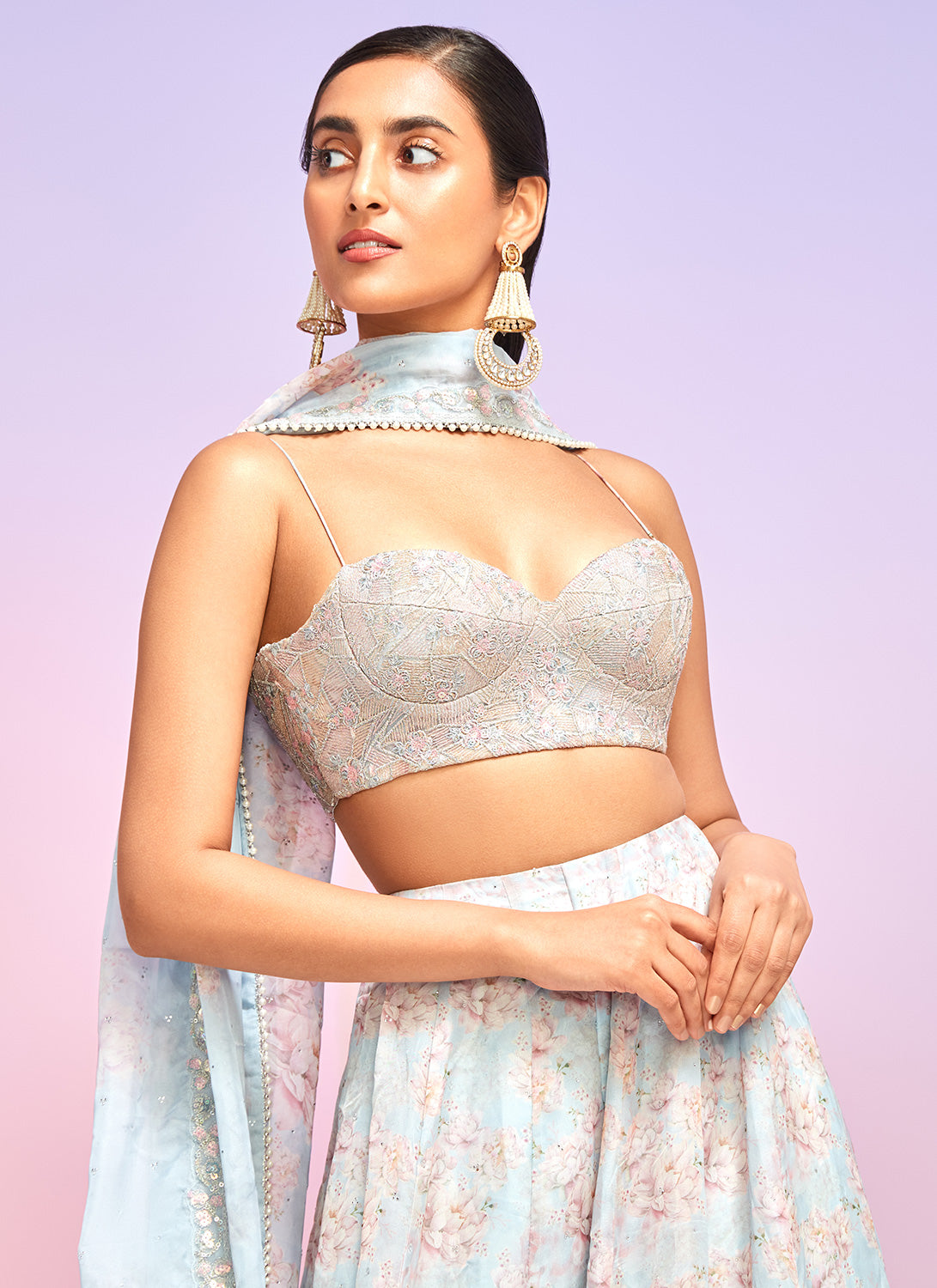 Dusty Blue Embellished Crop Sharara Suit