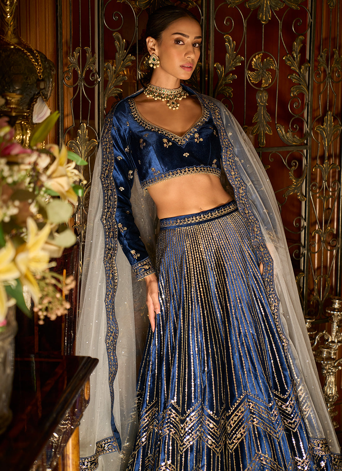 Blue Embroidered Velvet Lehenga