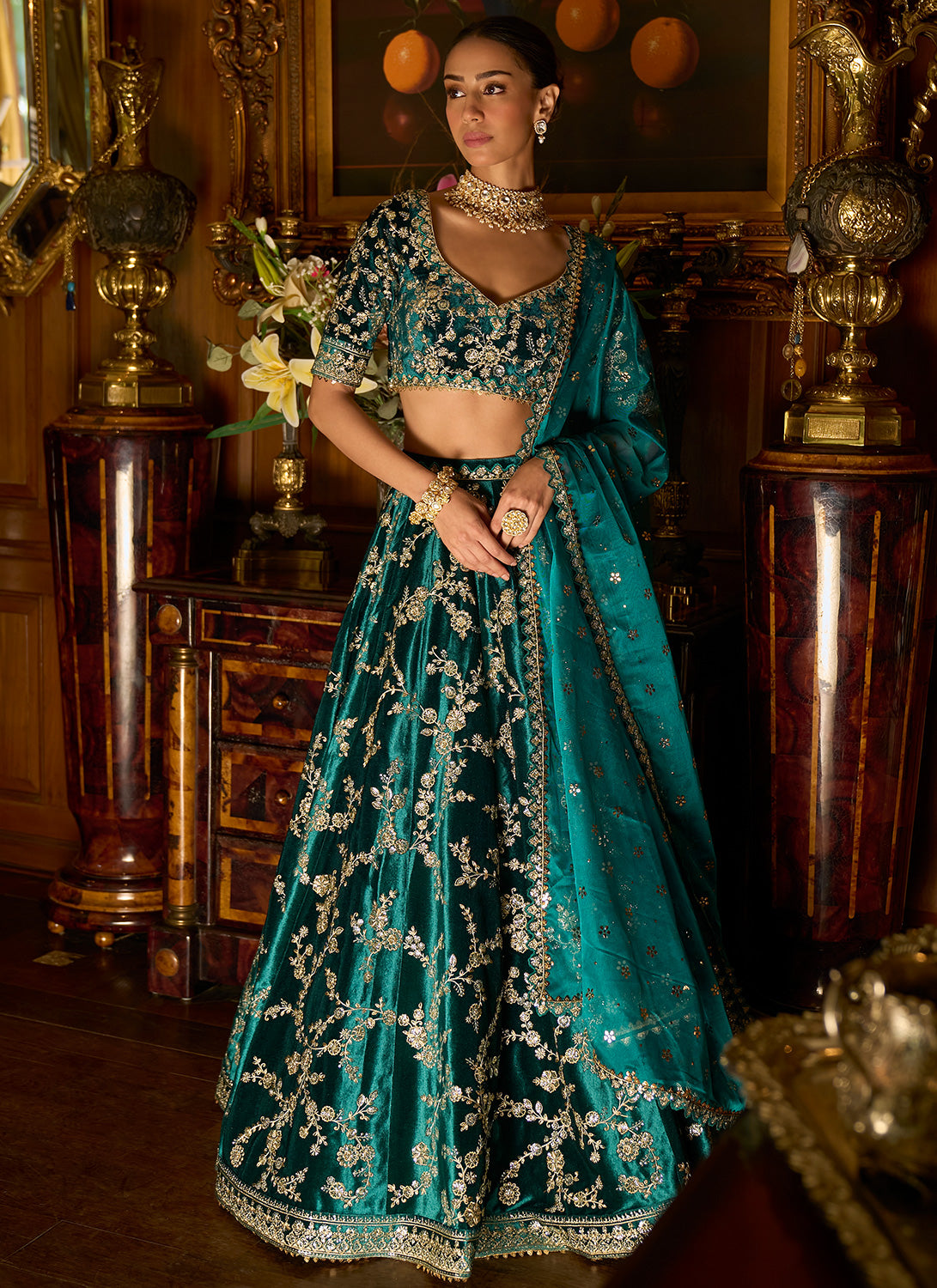 Teal Embroidered Velvet Lehenga