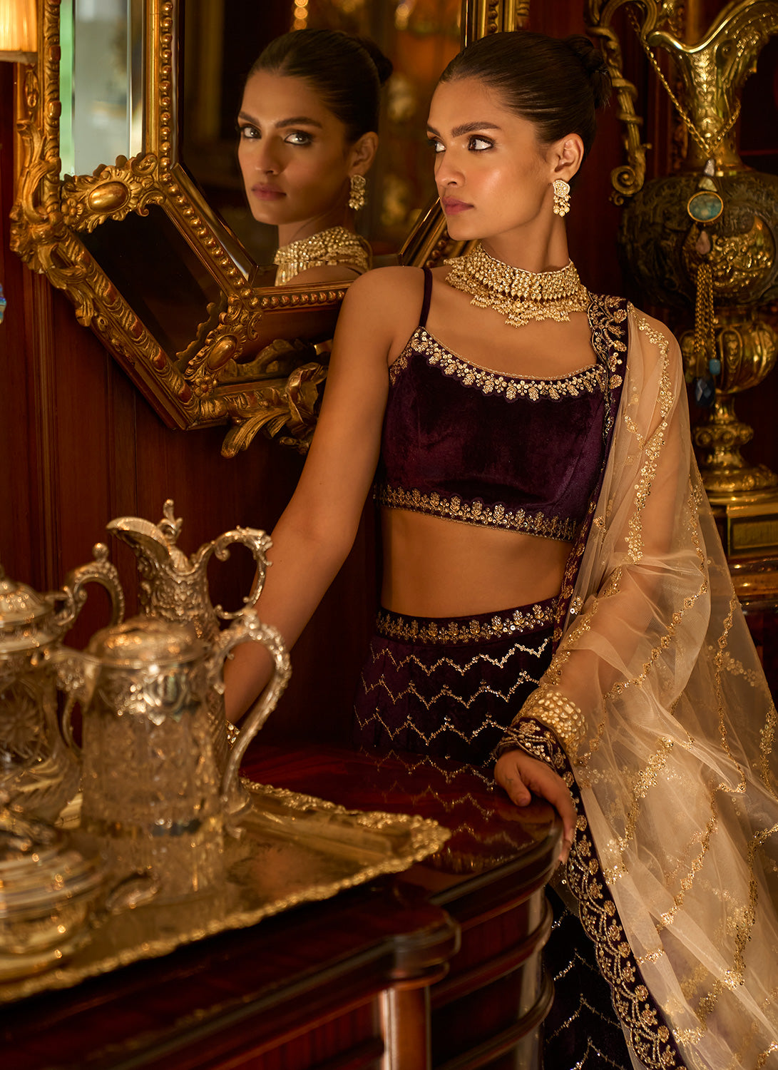 Deep Purple Embroidered Velvet Lehenga