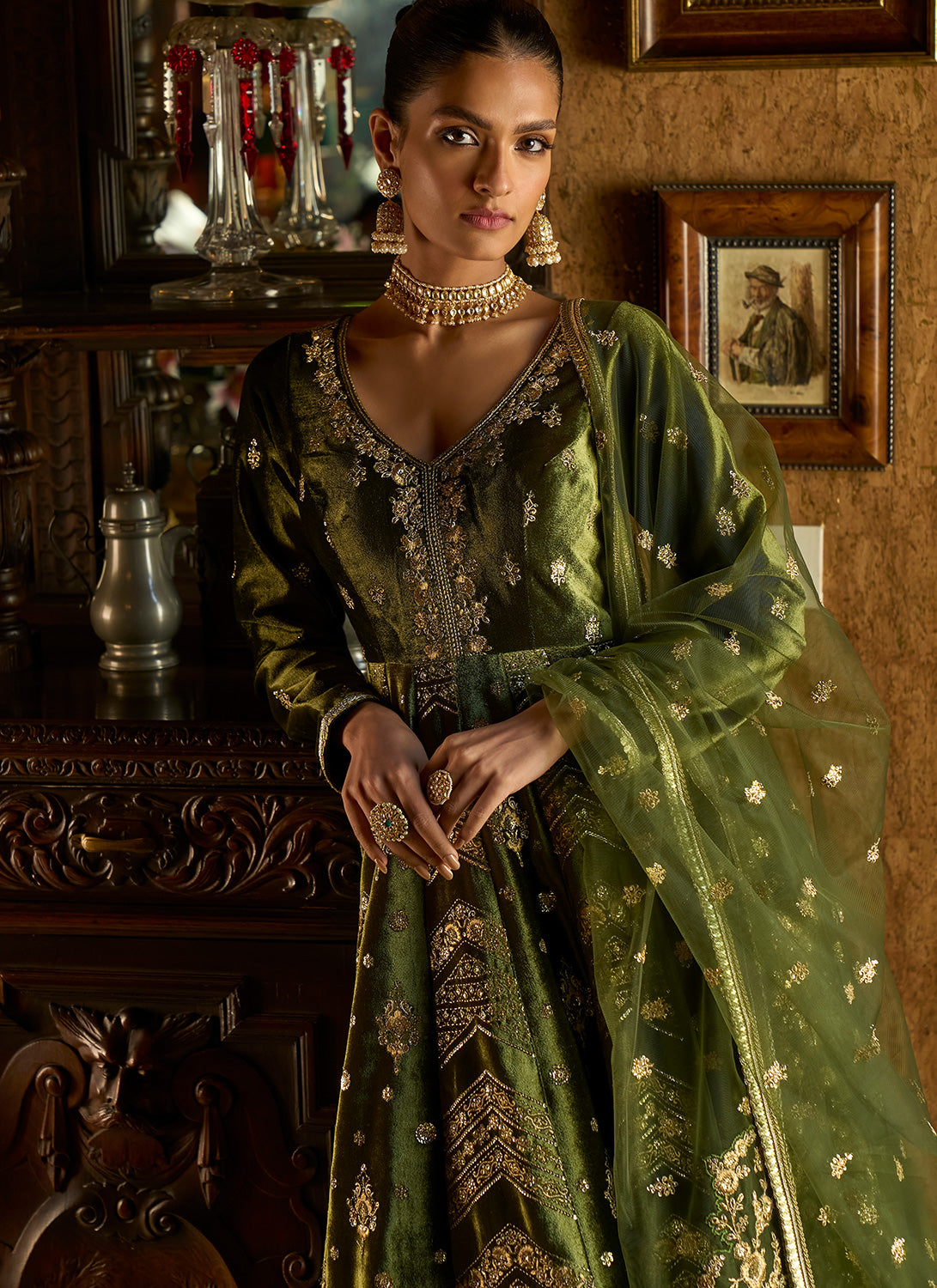 Olive Green Embroidered Velvet Anarkali