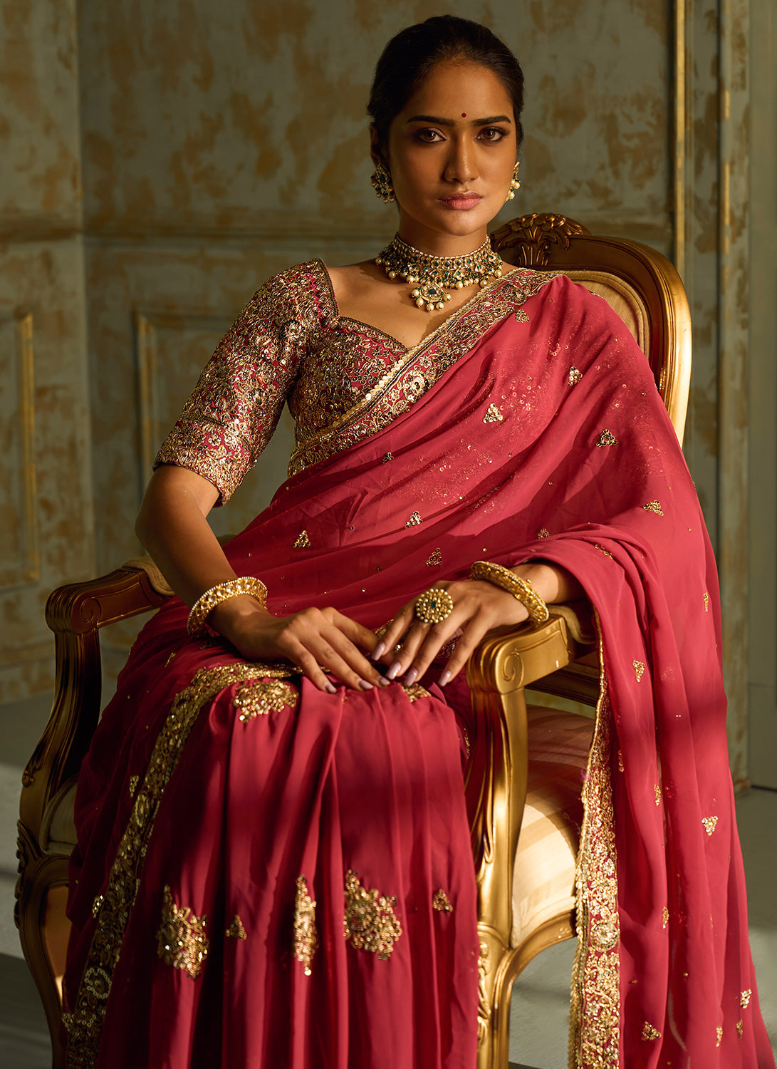 Red and Gold Embroidered Saree