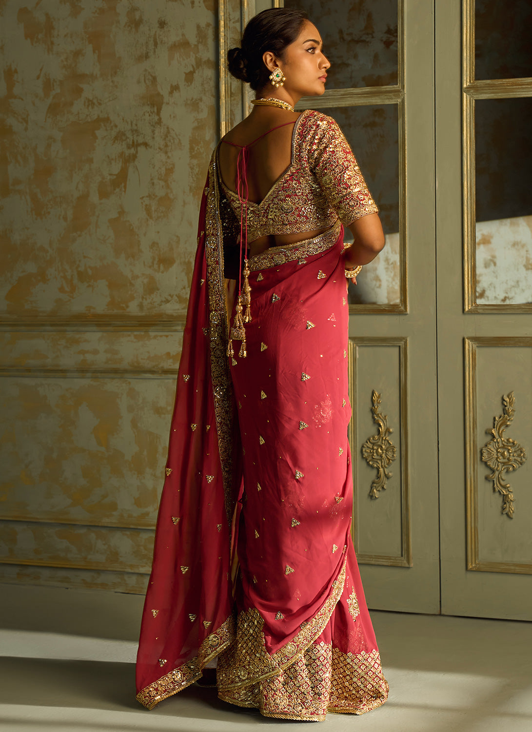 Red and Gold Embroidered Saree