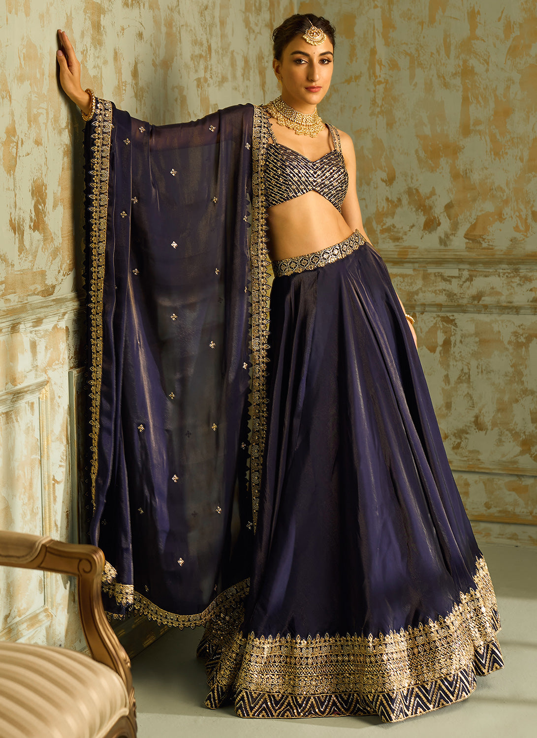 Navy Blue and Gold Embroidered Lehenga
