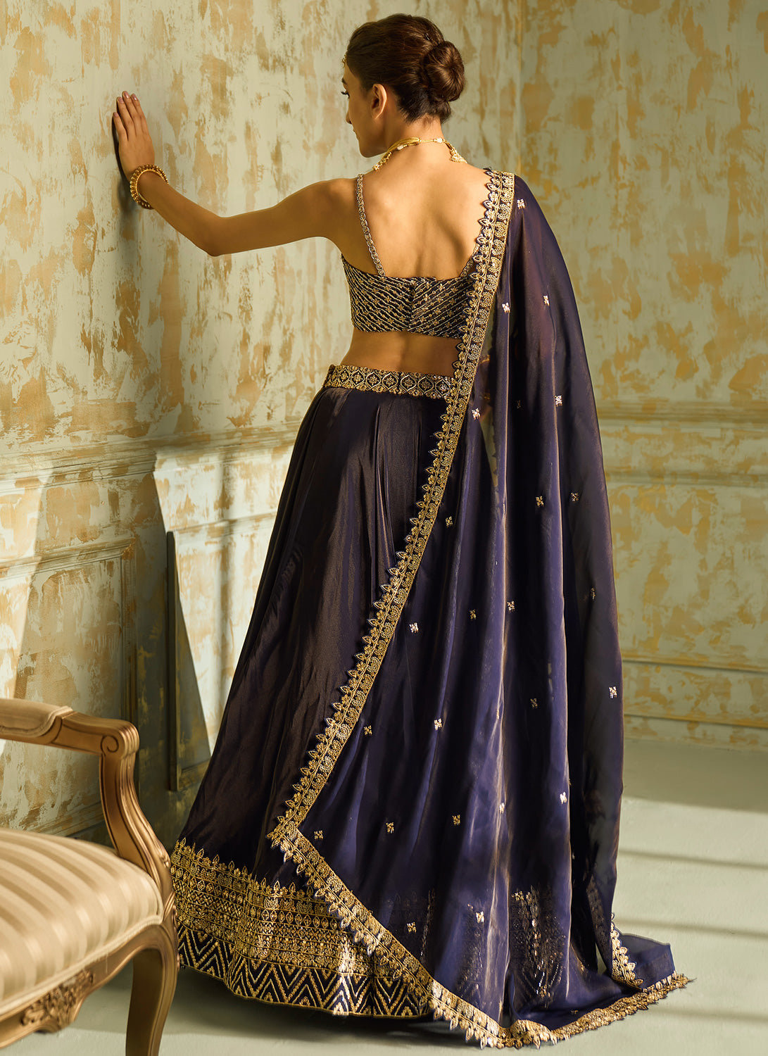 Navy Blue and Gold Embroidered Lehenga