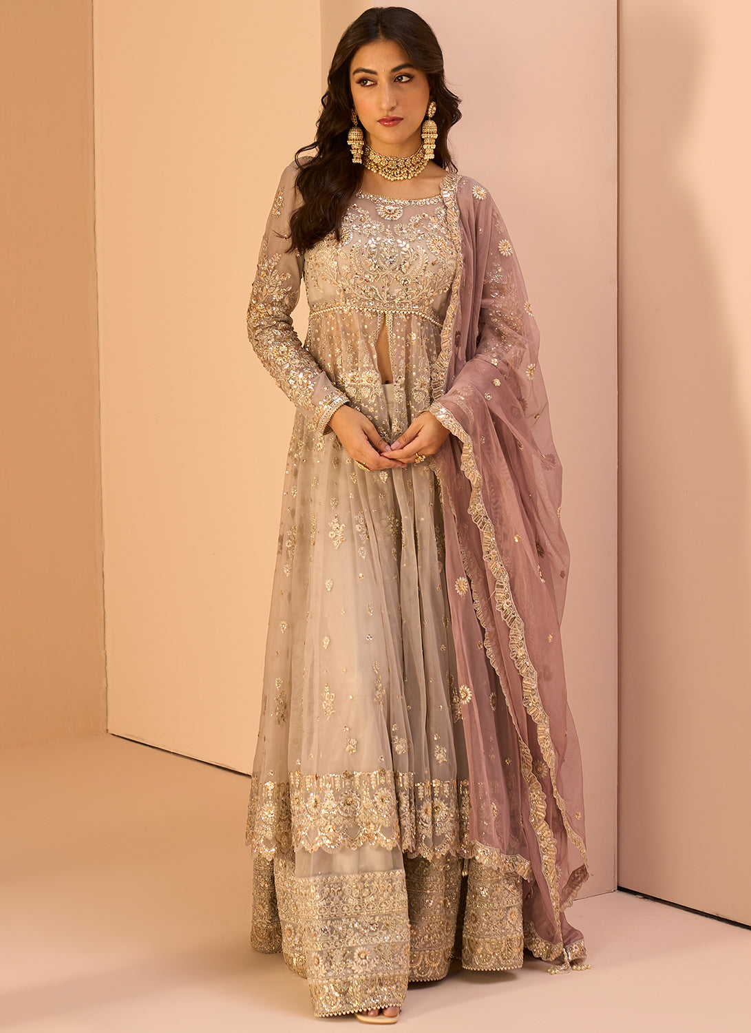 Grey Embroidered Anarkali Style Lehenga