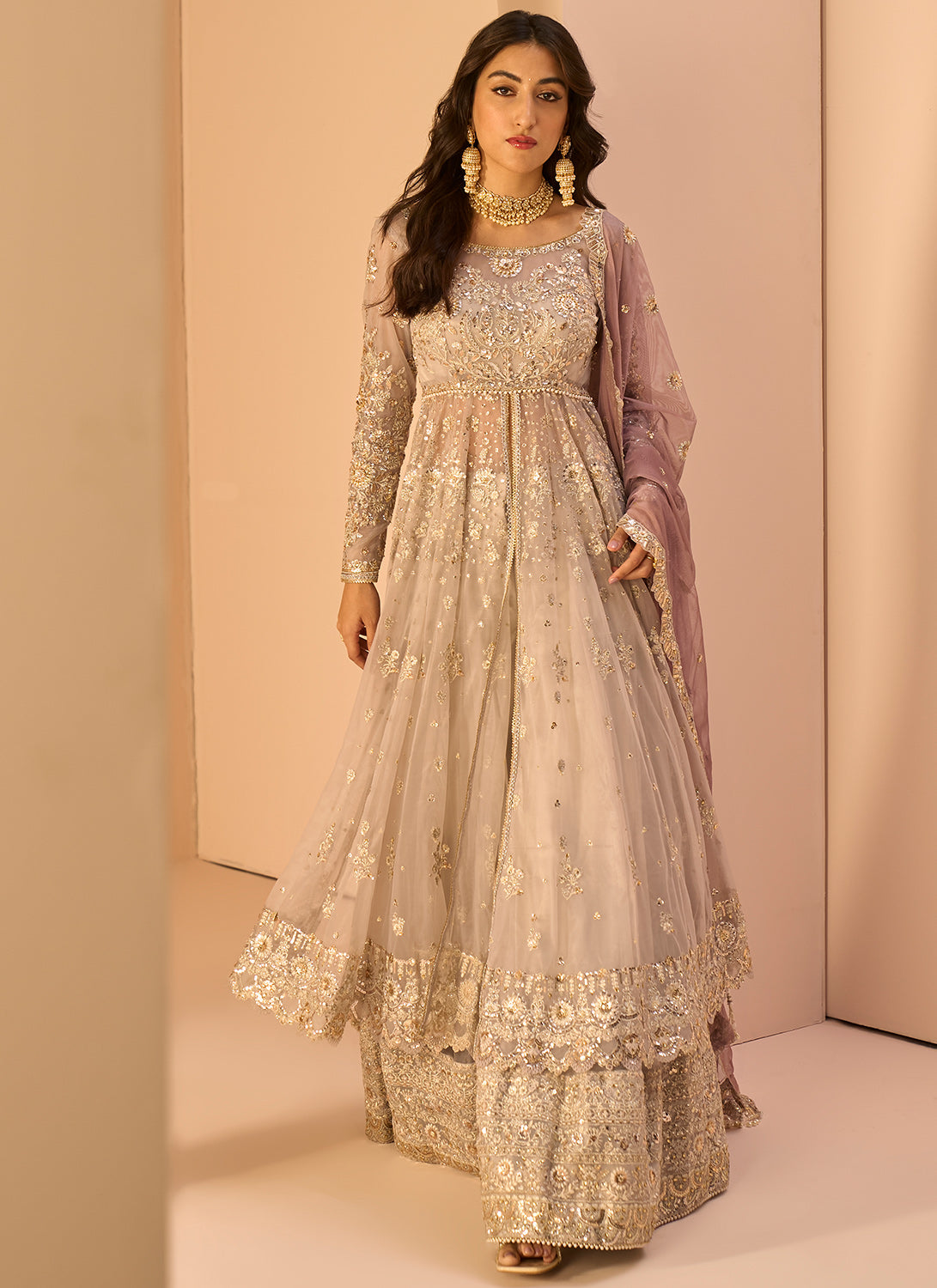 Grey Embroidered Anarkali Style Sharara