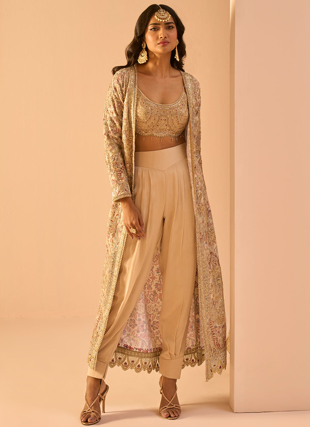 Golden Beige Embroidered Crop Jacket Set