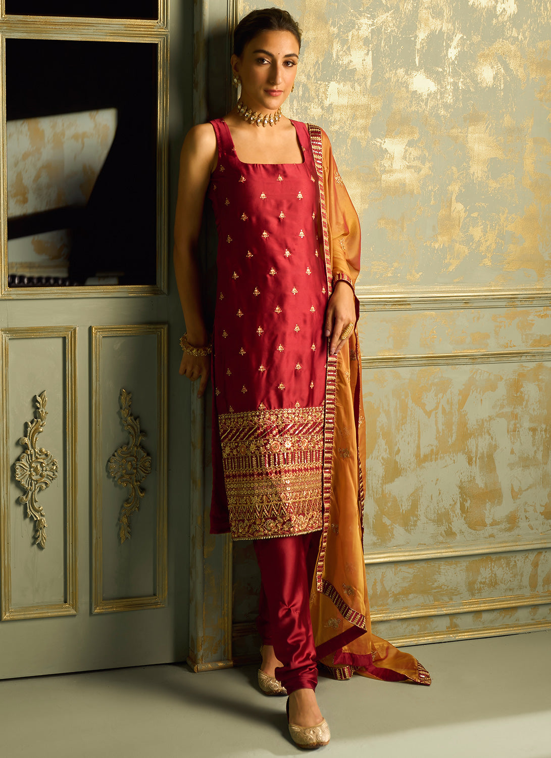 Red Embroidered Straight Suit