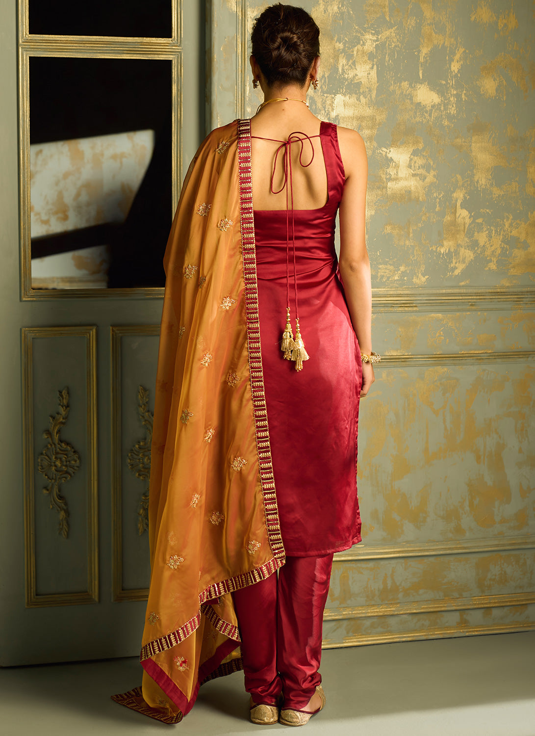 Red Embroidered Straight Suit