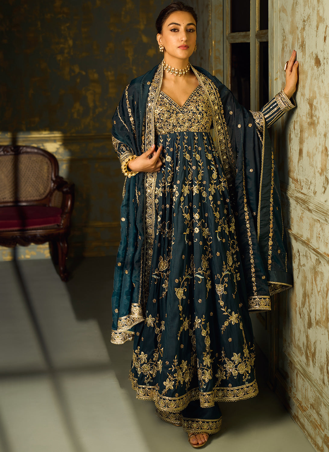Dark Teal and Gold Embroidered Anarkali
