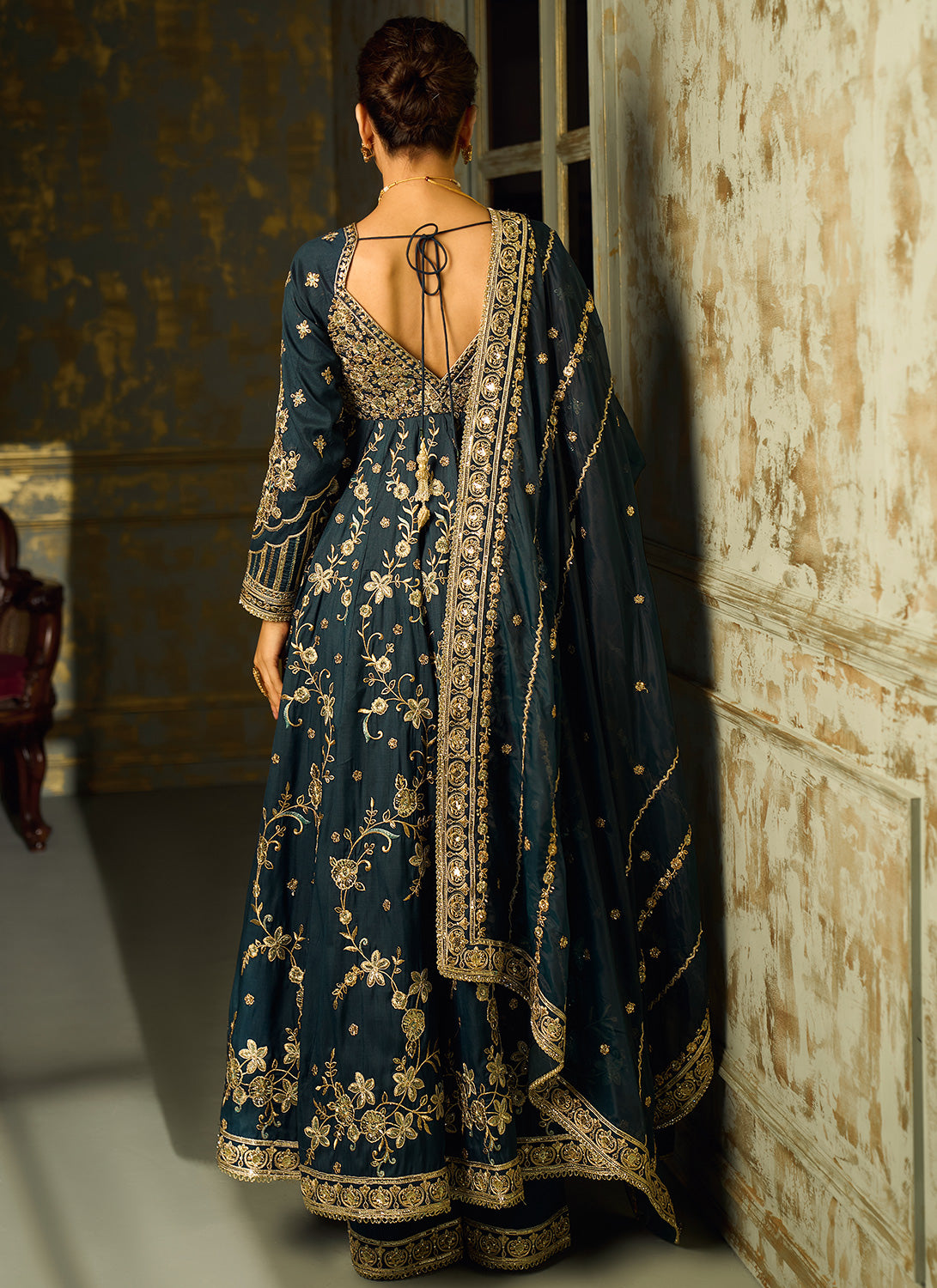 Dark Teal and Gold Embroidered Anarkali