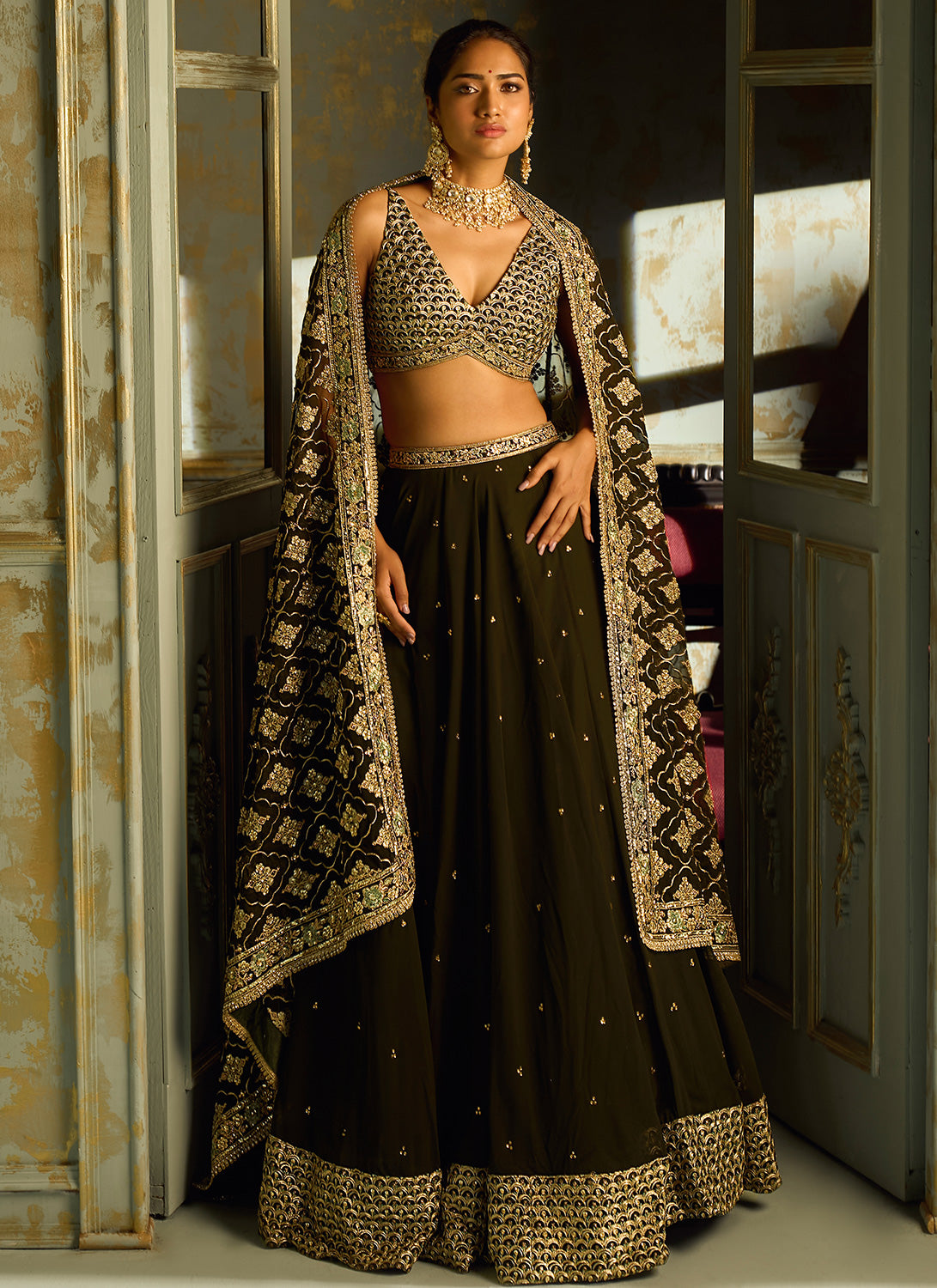 Dark Green Embroidered Lehenga