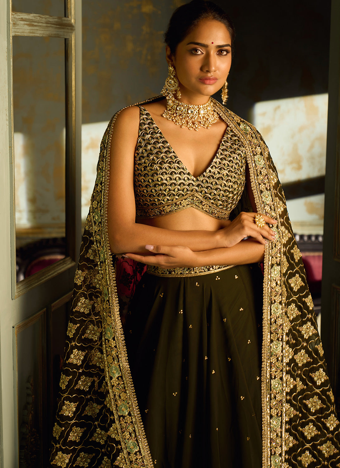 Dark Green Embroidered Lehenga