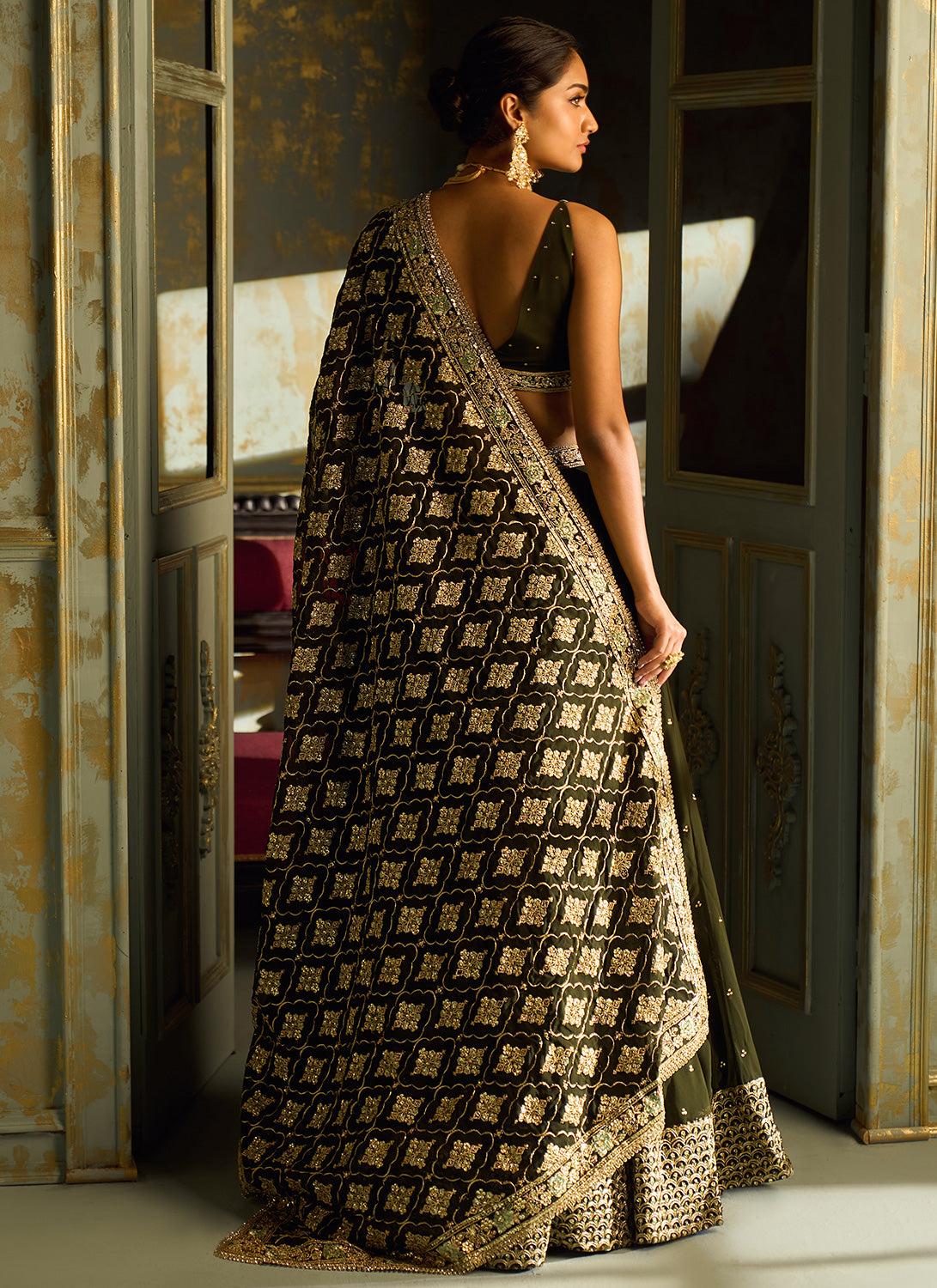 Dark Green Embroidered Lehenga