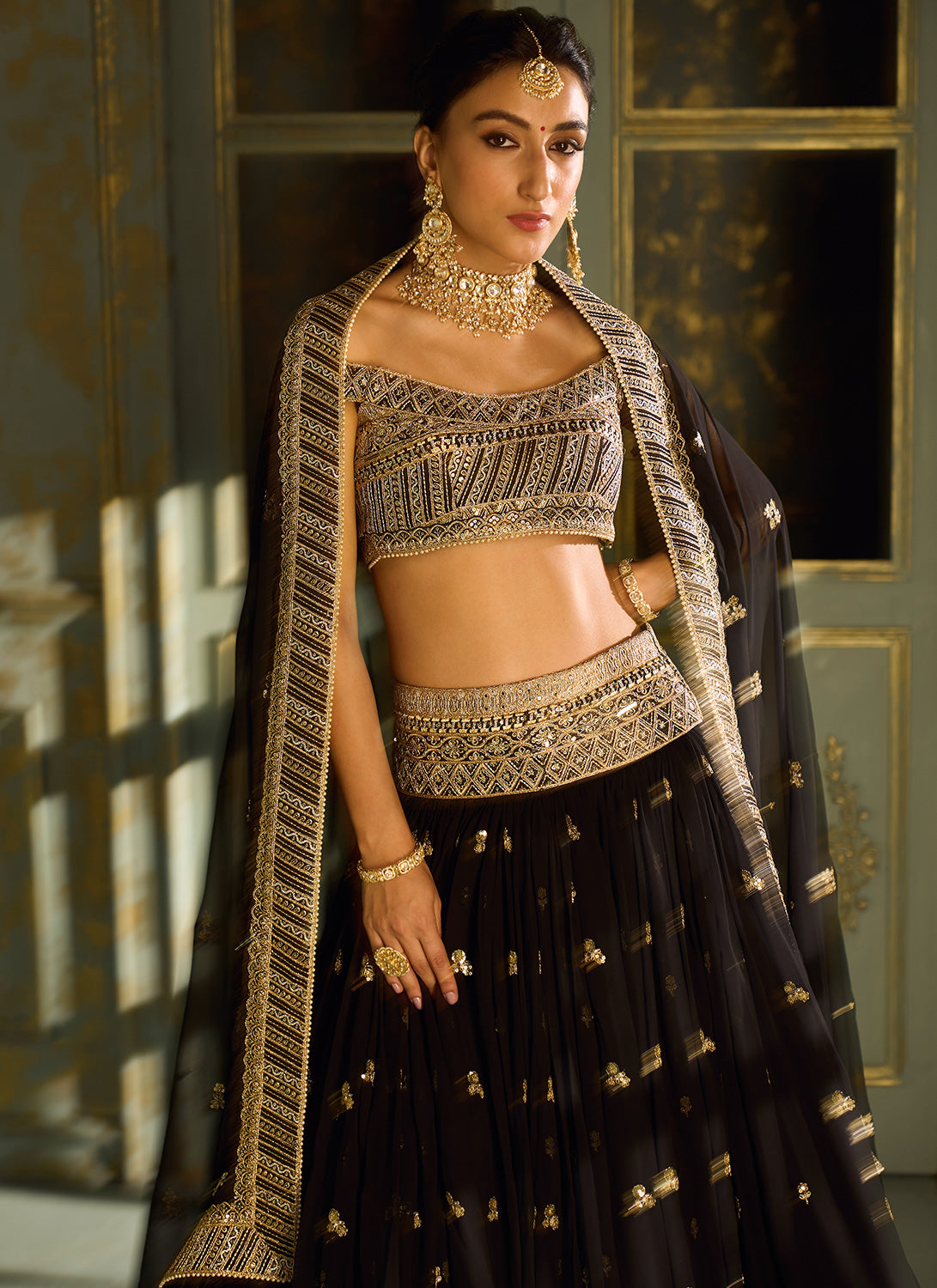 Black Off Shoulder Embroidered Lehenga