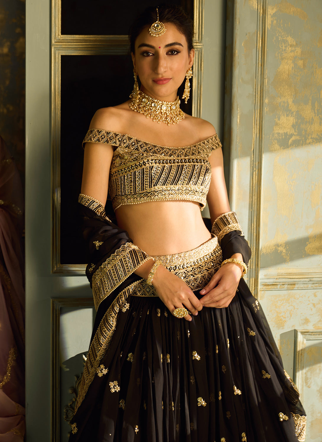 Black Off Shoulder Embroidered Lehenga