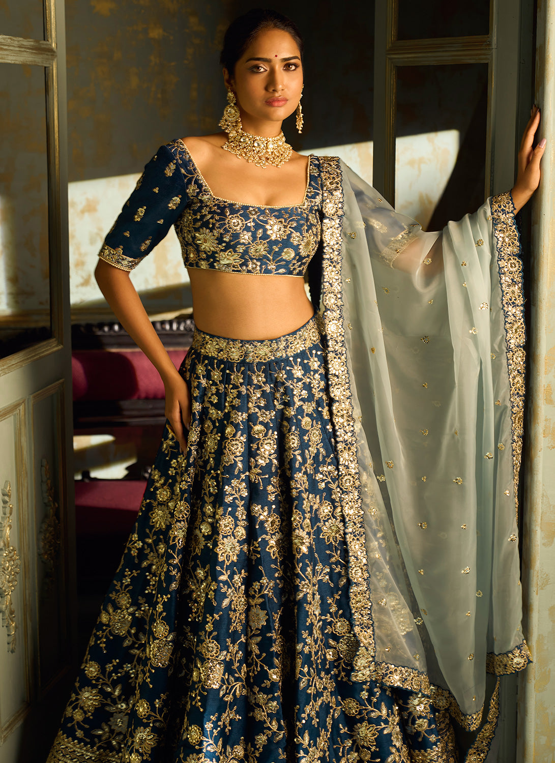 Dark Blue Embroidered Lehenga